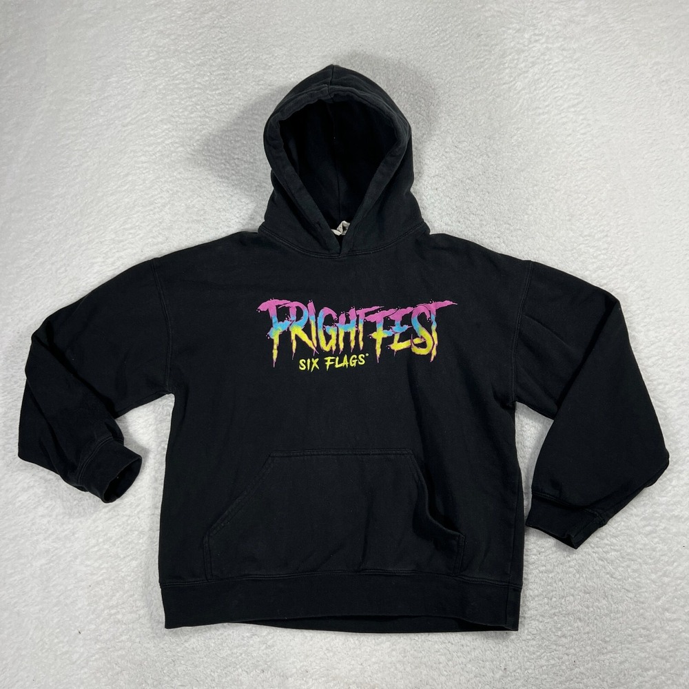 VTG Six Flags Fright Fest Clown Hoodie Sweatshirt Kids Youth Large Black